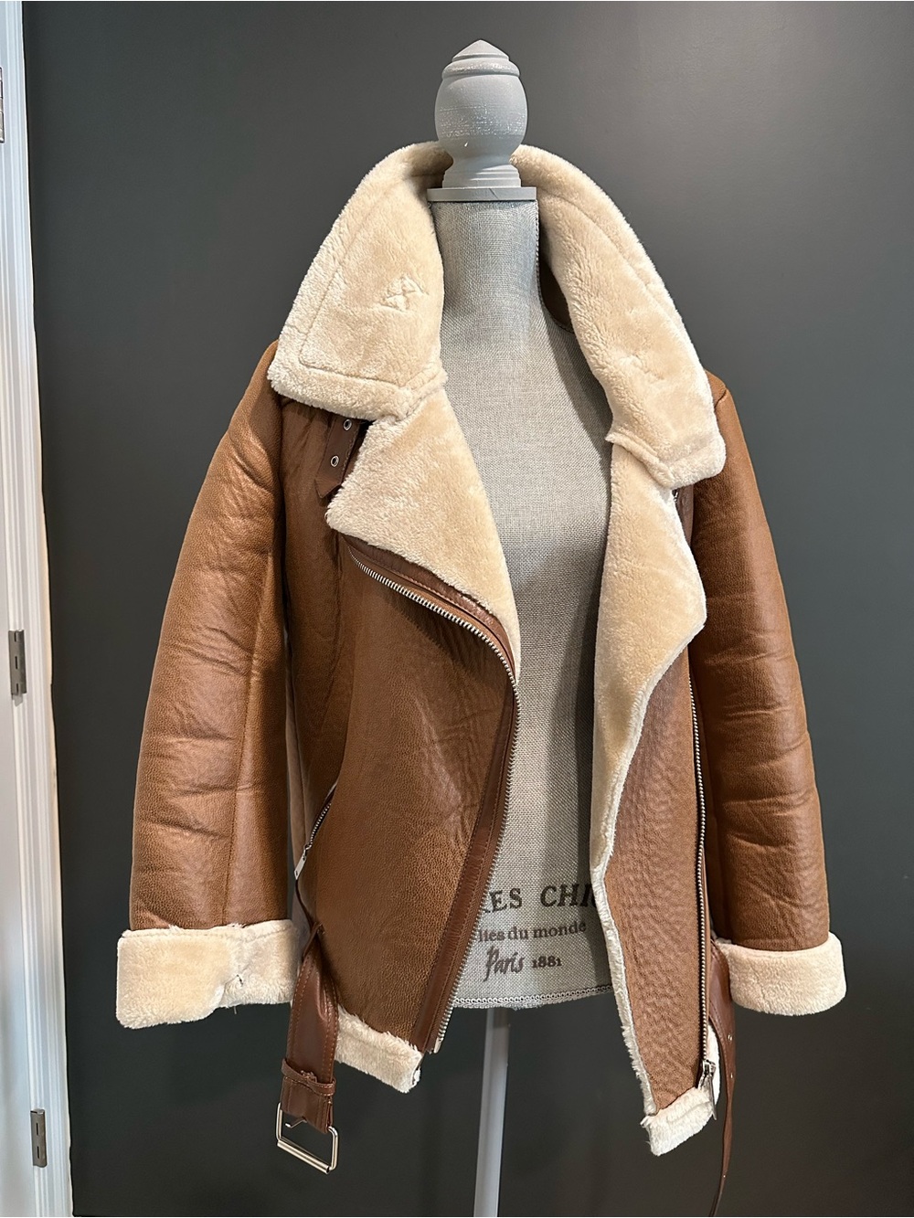 Zara Brown Faux Leather Shearling Moto Jacket with Cream Trim
